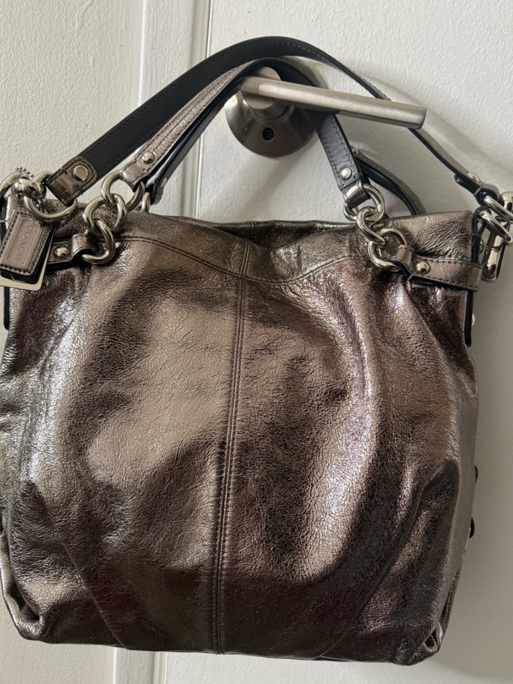 Coach Brooke Metallic pewter silver Convertible Leather Satchel Hobo Bag F17165
